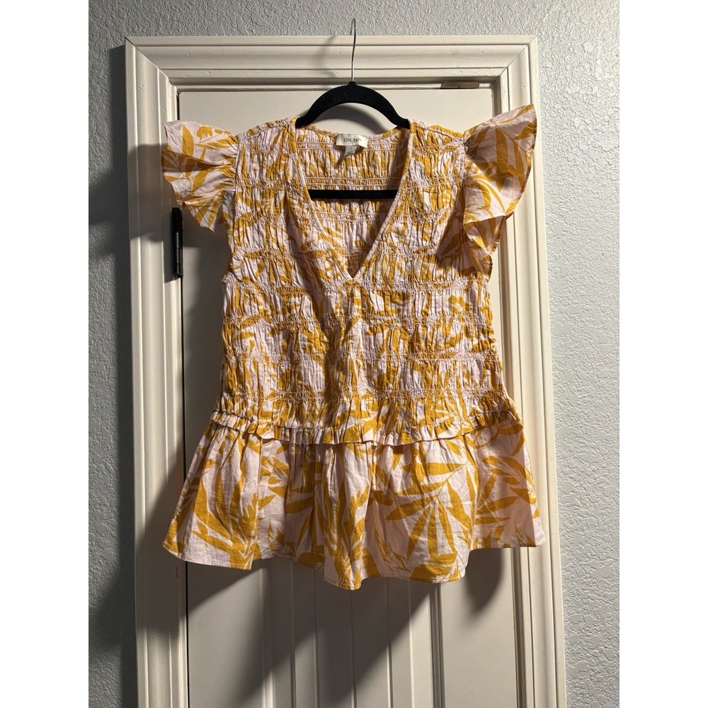 On 34th Blouse Womens Large Yellow Tropical Smocked Flutter Sleeve Peplum Top